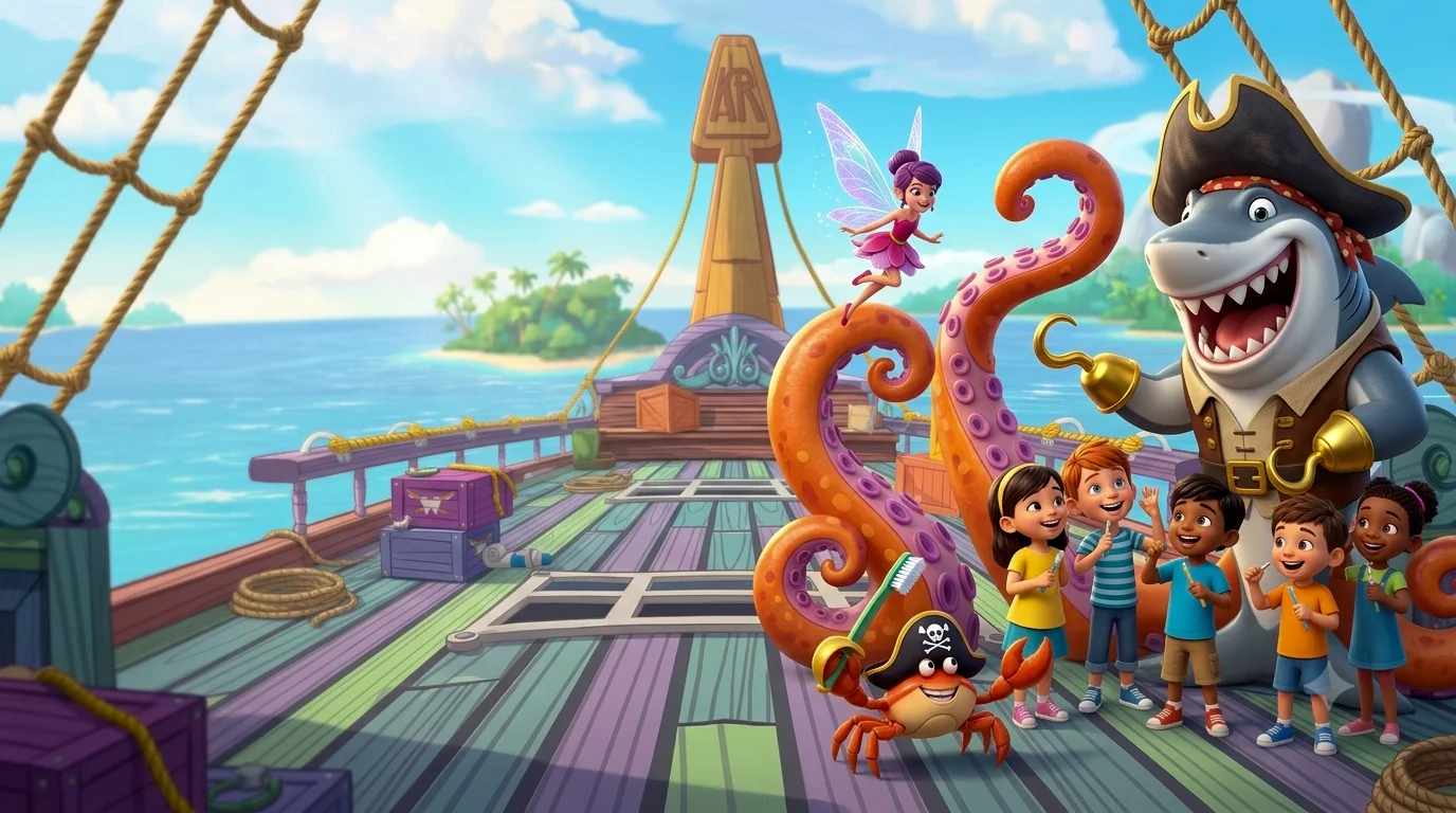 Kids brushing their teeth aboard a pirate ship with the Kids Rock shark captain, the Tooth Fairy, and a friendly crab holding a toothbrush